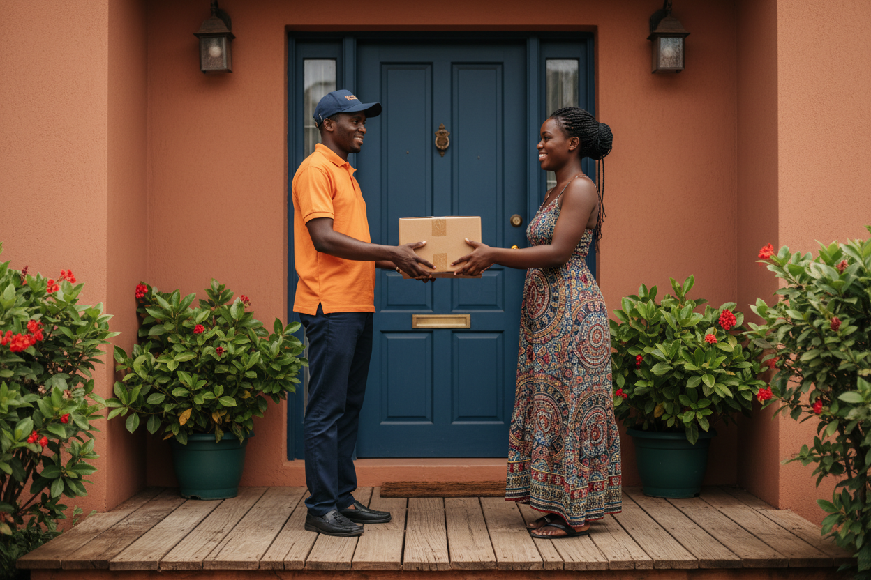 Livreur africain remettant un colis à une femme africaine